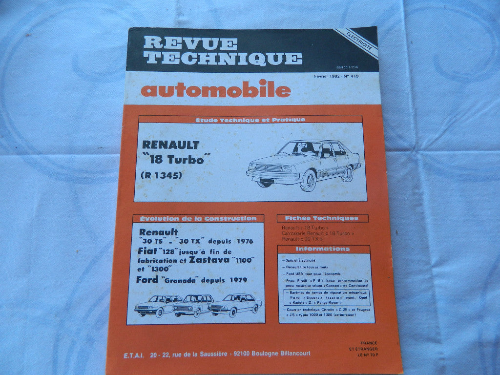 RTA revue technique automobile etat comme neuf RENAULT 18 TURBO R1342  n  419