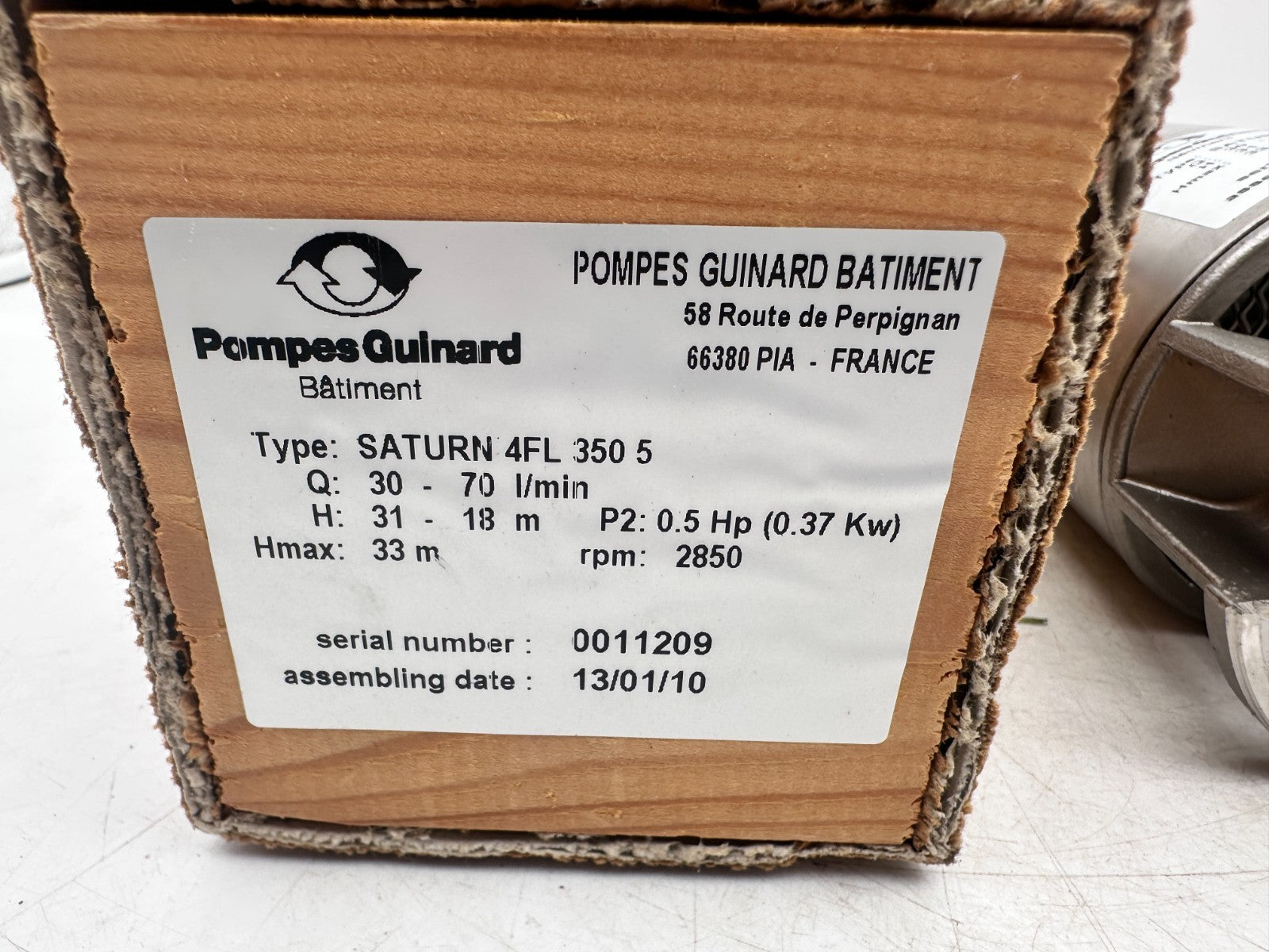 POMPES GUINARD SATURN 4FL 350 5 30-70 L/min 31-18m 0.5 Hp 0.37Kw 2850 rpm