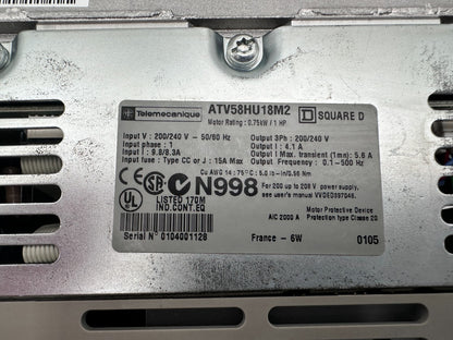 TELEMECANIQUE ATV58HU18M2 ALTIVAR 58 0.75kW 1HP VARIATEUR DE FREQUENCE - KLR Automation