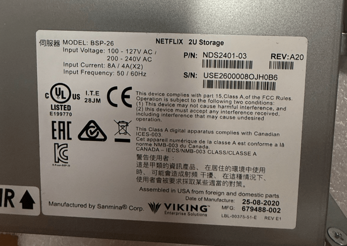 Sanmina Viking Enterprise BSP - 26 serveur Open Connect Appliance avec 24 HDD 14TB - KLR Automation
