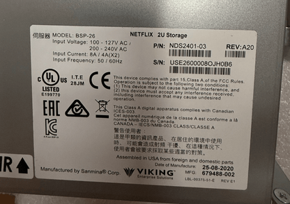 Sanmina Viking Enterprise BSP - 26 serveur Open Connect Appliance avec 24 HDD 14TB - KLR Automation