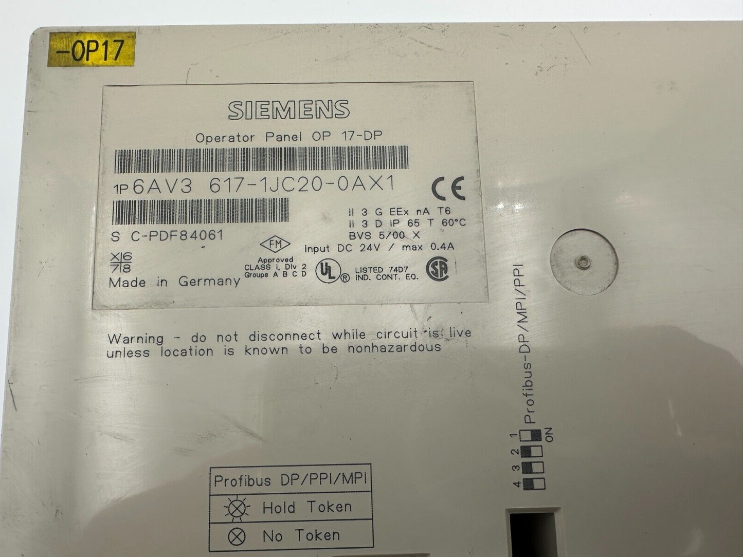 SIEMENS 6AV3617-1JC20-0AX1 OPERATOR PANEL OP 17-DP