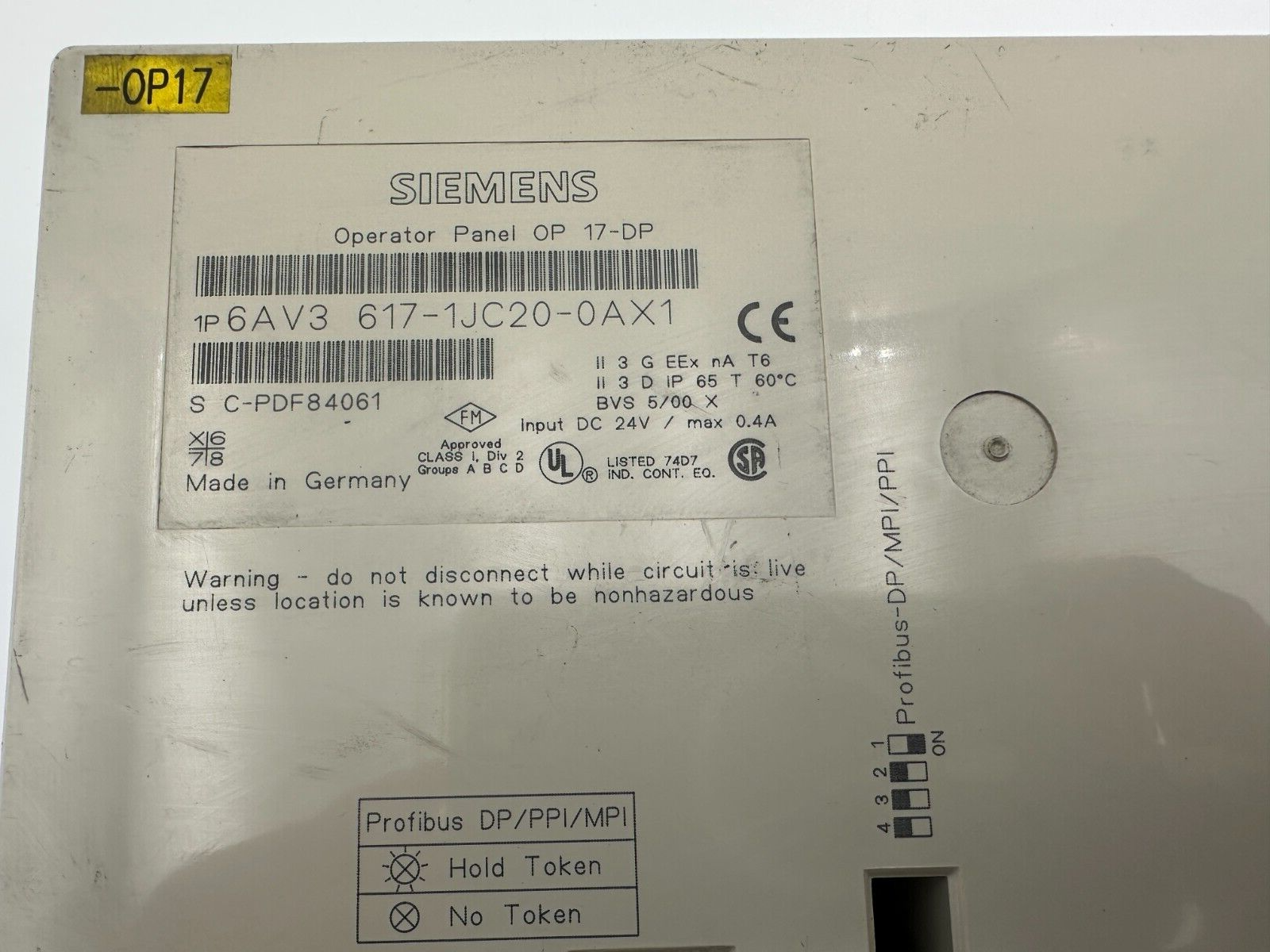 SIEMENS 6AV3617-1JC20-0AX1 OPERATOR PANEL OP 17-DP