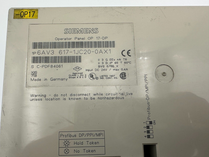 SIEMENS 6AV3617-1JC20-0AX1 OPERATOR PANEL OP 17-DP