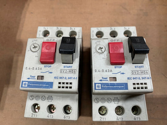 LOT OF 2 TELEMECANIQUE GV2-M04 MOTOR CIRCUIT BREAKER, 0.4-0.63 A