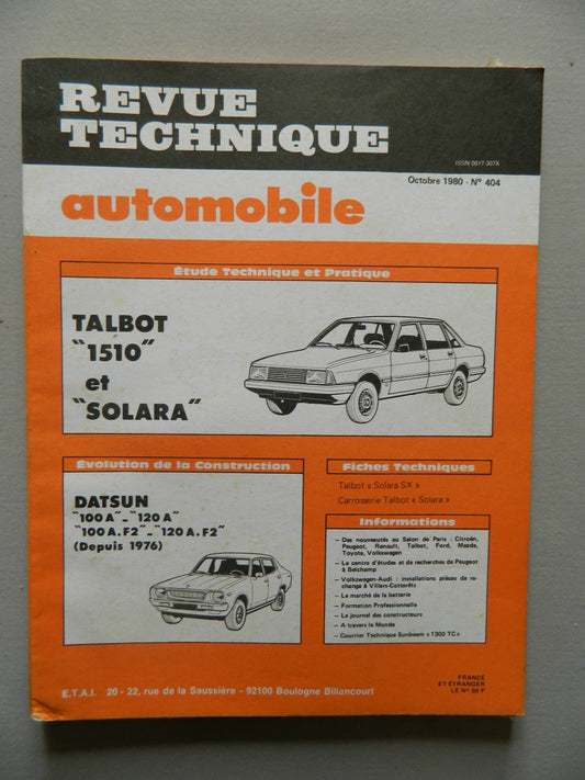 RTA revue technique automobile comme neuf n404 TALBOT 1510 SOLARA - KLR Automation
