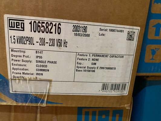 WEG W22 10658216 20031190 1.5kW 2P 90L 208 - 230V 50Hz MOUNTING B14T Motor Cassese - KLR Automation