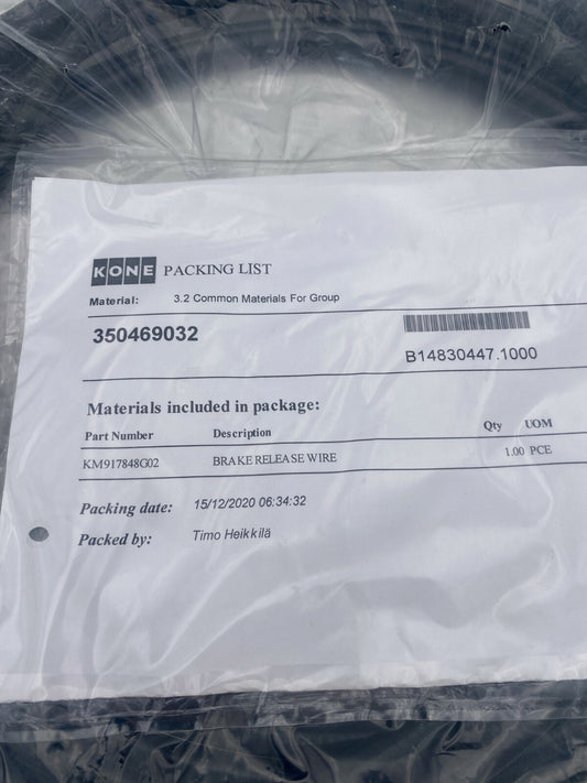 Elevator parts lift Kone elevator BRAKE RELEASE WIRE/ CABLE KM917848G02 - KLR Automation