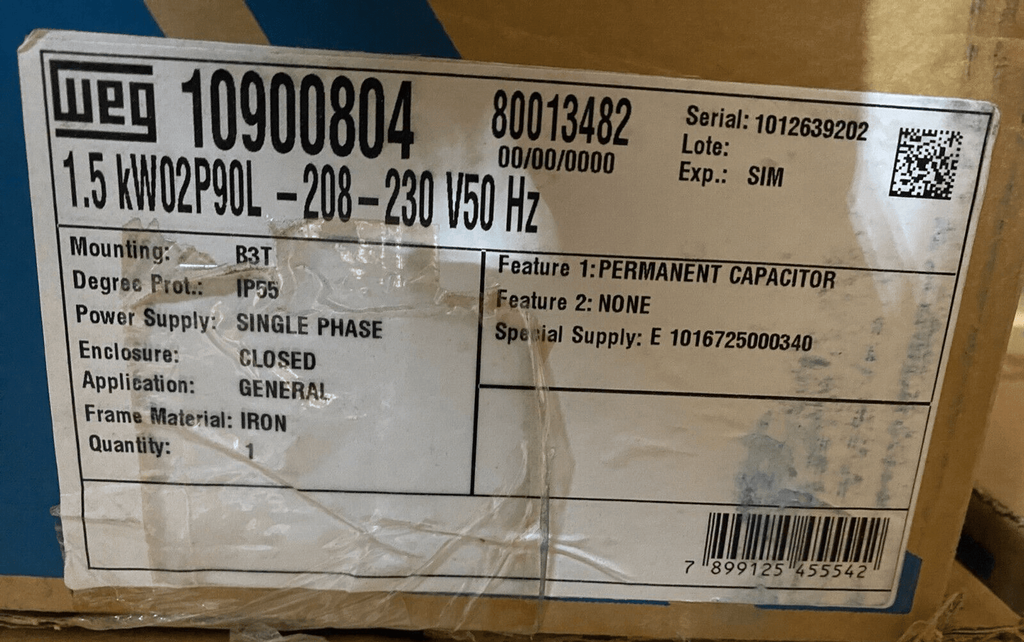WEG 10900804 80013482 1.5kW 2P 90L 208 - 230V 50Hz B3T MOUNTING SINGLE PHASE x1pc - KLR Automation
