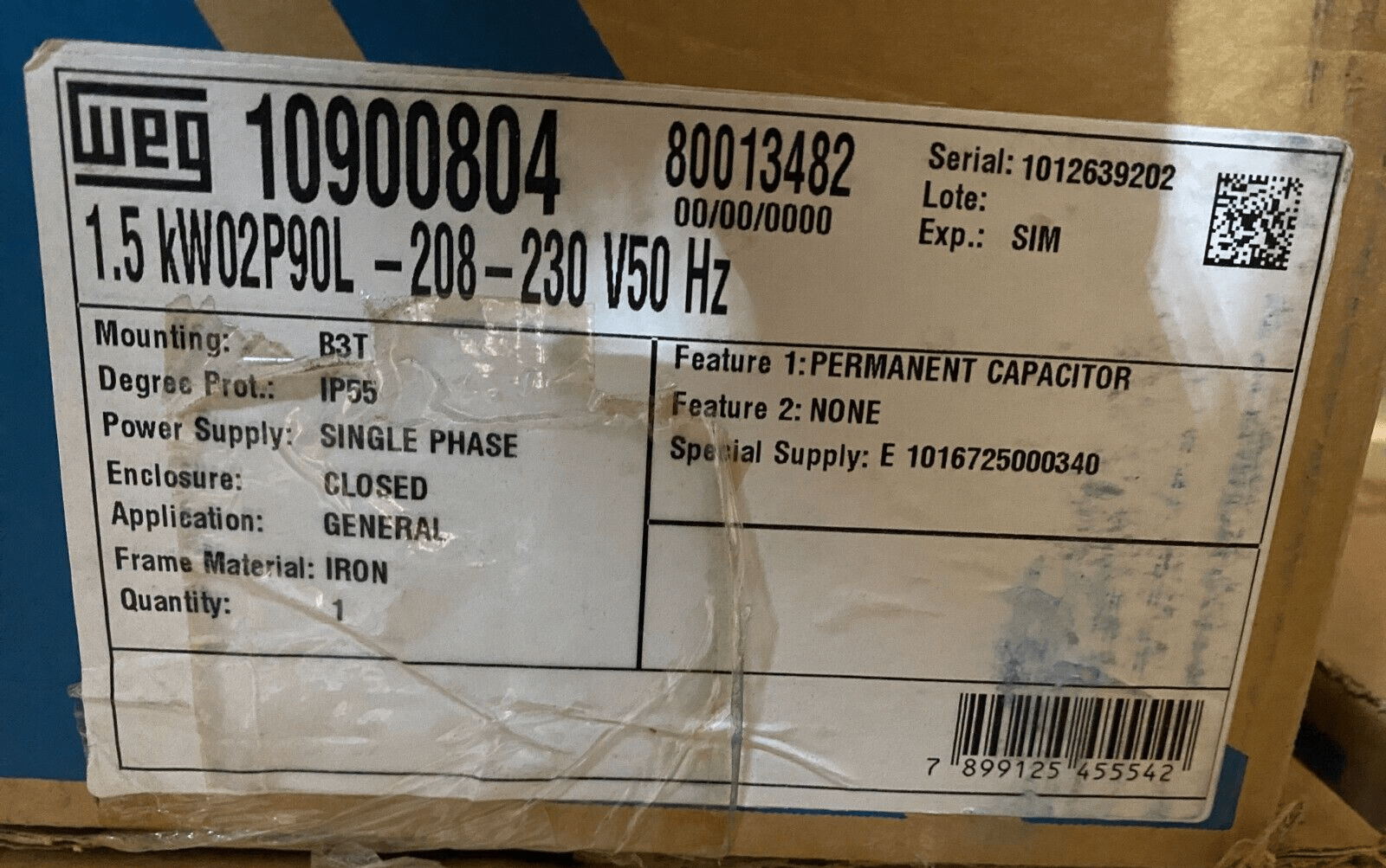 WEG 10900804 80013482 1.5kW 2P 90L 208 - 230V 50Hz B3T MOUNTING SINGLE PHASE x1pc - KLR Automation