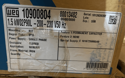 WEG 10900804 80013482 1.5kW 2P 90L 208 - 230V 50Hz B3T MOUNTING SINGLE PHASE x1pc - KLR Automation