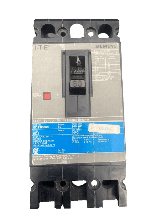 SIEMENS I - T - E ED2 ED23B060 SENTRON SERIES CIRCUIT BREAKER 60A 240VAC 3 POLES x1p - KLR Automation