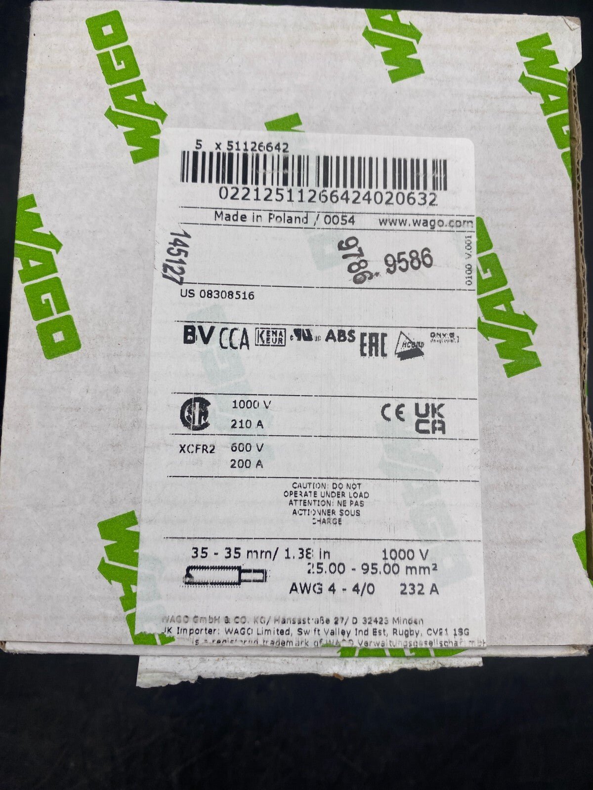 1 pc x WAGO 285 - 195 30 - 35 mm 25 - 95mm² 1000V 232A BORNE DE PASSAGE POUR 2 CONDUCT - KLR Automation