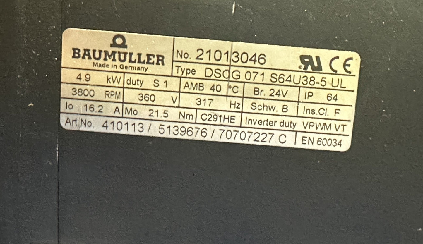 BAUMULLER DSCG 071 S64U38 - 5 UL 21013046 4.9 kW 3800 RPM 360V + SPN 058347 U36 - KLR Automation