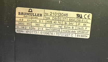 BAUMULLER DSCG 071 S64U38 - 5 UL 21013046 4.9 kW 3800 RPM 360V + SPN 058347 U36 - KLR Automation