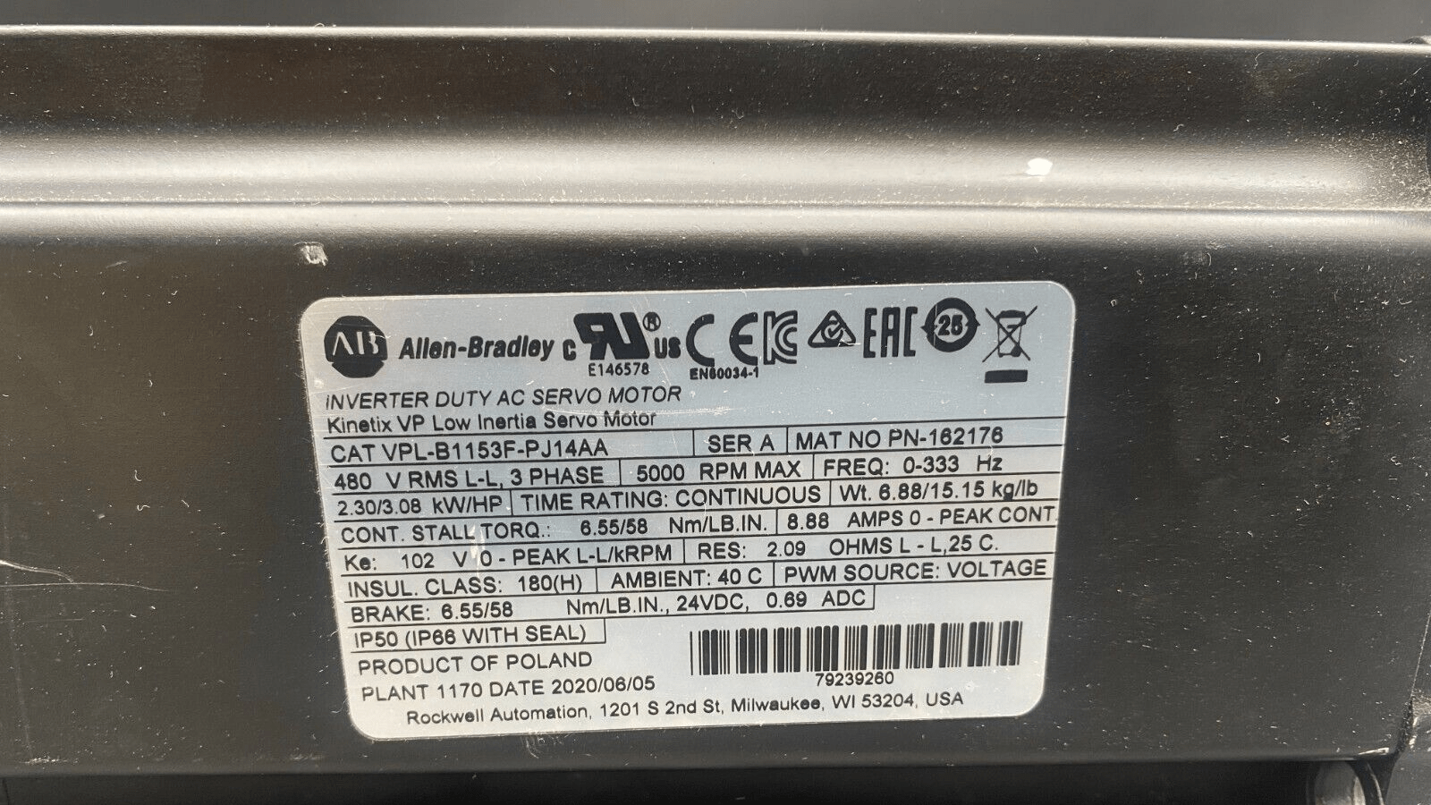 ALLEN BRADLEY VPL - B1153F - PJ14AA SERIE A 3 PHASE 5000 RPM AC SERVO MOTOR KINETIX - KLR Automation