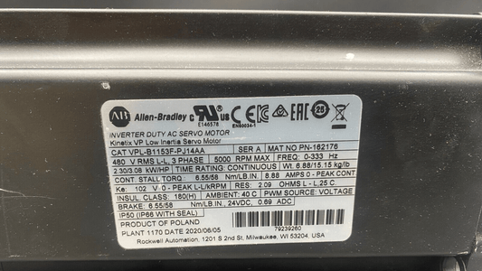 ALLEN BRADLEY VPL - B1153F - PJ14AA SERIE A 3 PHASE 5000 RPM AC SERVO MOTOR KINETIX - KLR Automation