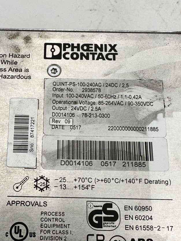 PHOENIX CONTACT QUINT-PS-100-240AC/24DC/2,5 2938578