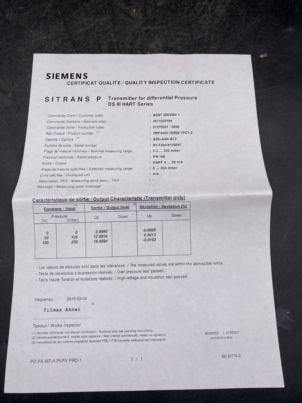 SIEMENS SITRANS P DSIII DIFFERENTIAL PRESSURE 7MF44331DE021PC1-Z 7MF4433