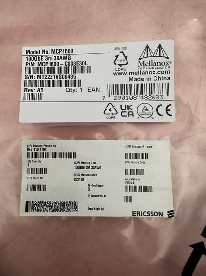MELLANOX MCP1600 MCP1600 - C003E30L 100GbE 3M 30AWG PASSIVE COPPER CABLE - KLR Automation