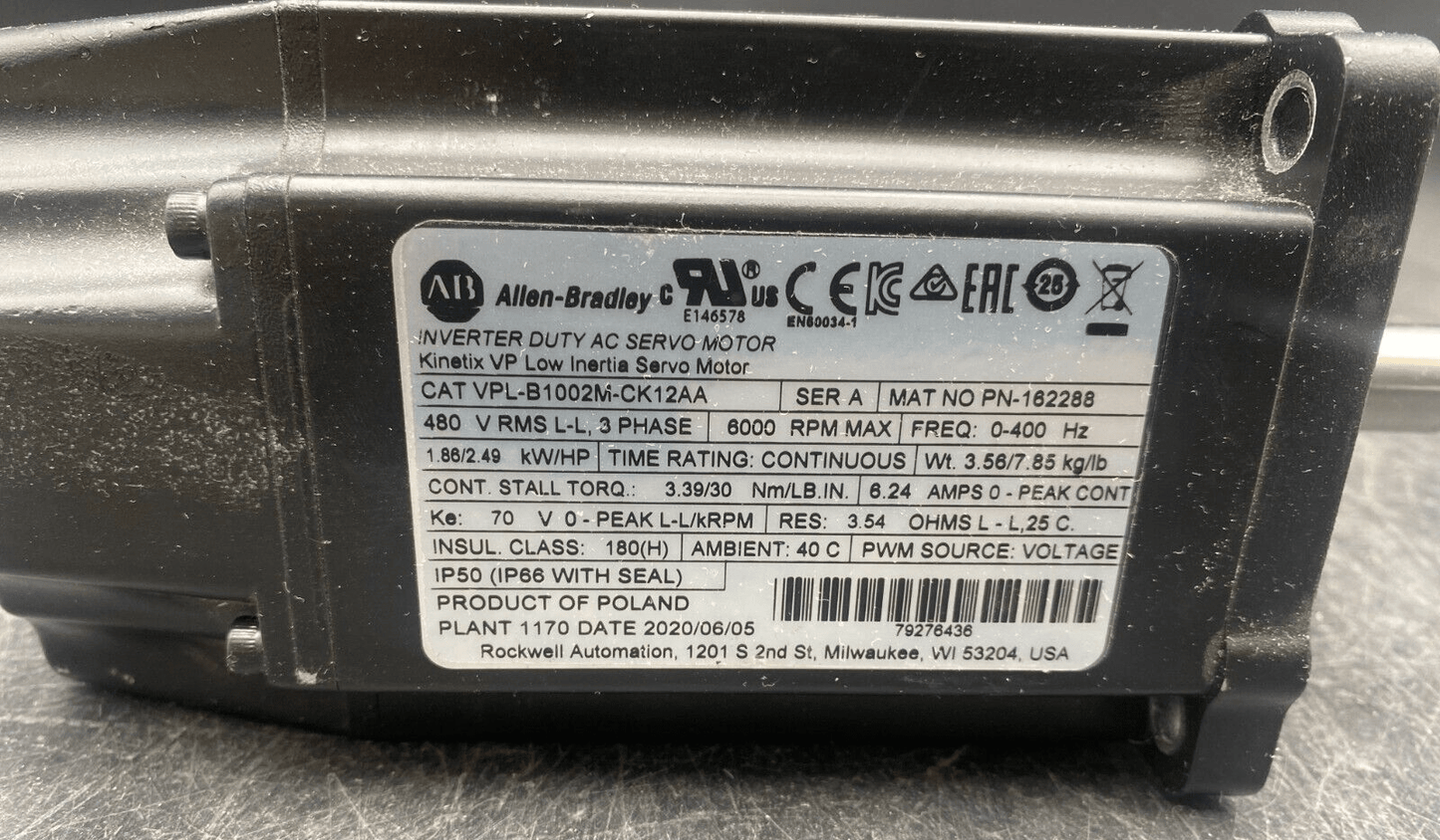 ALLEN BRADLEY VPL - B1002M - CK12AA SERIE A 3 PHASE 6000 RPM AC SERVO MOTOR KINETIX - KLR Automation