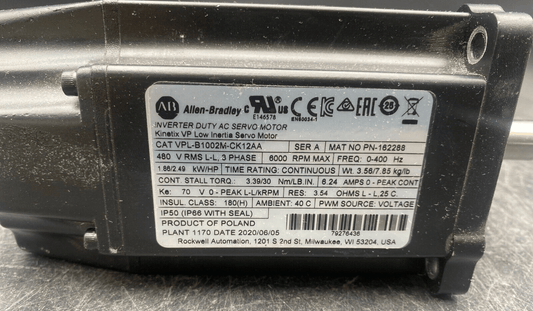 ALLEN BRADLEY VPL - B1002M - CK12AA SERIE A 3 PHASE 6000 RPM AC SERVO MOTOR KINETIX - KLR Automation