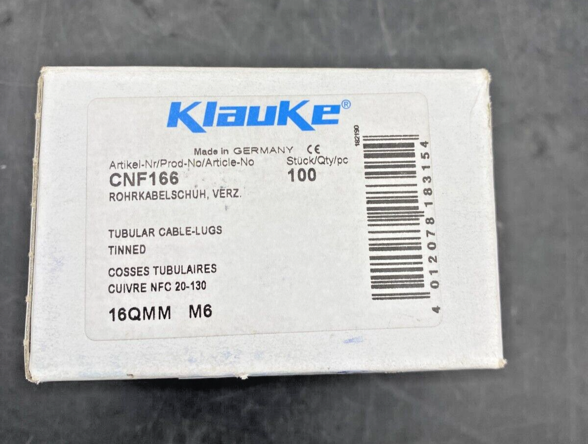 KLAUKE CNF166 TUBULAR CABLE LUGS 16QMM M6 BOX OF 100
