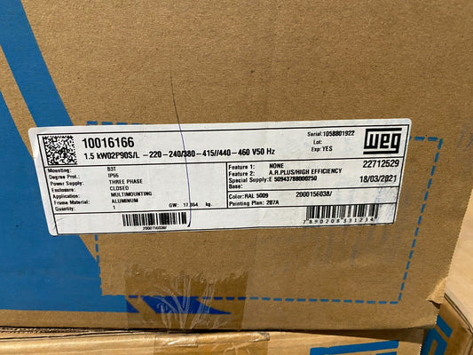 WEG 10016166 1.5kW 2P 90 S/L 220 - 240/380 415 440 - 460 50Hz MOUNTING B3T 3 PH x1pc - KLR Automation