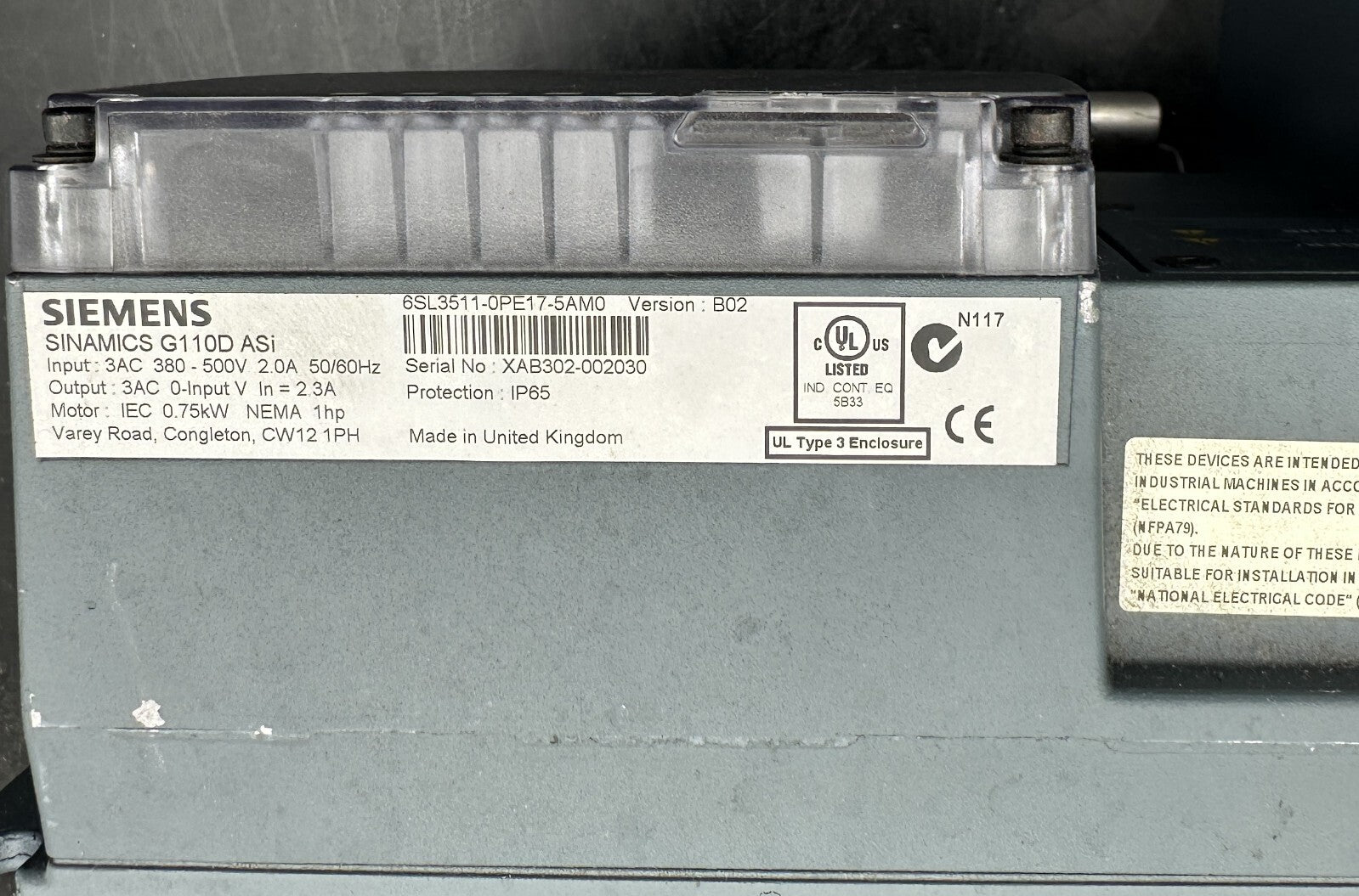 SIEMENS 6SL3511 - 0PE17 - 5AM0 SINAMICS G110D ASI VERSION B02 - KLR Automation