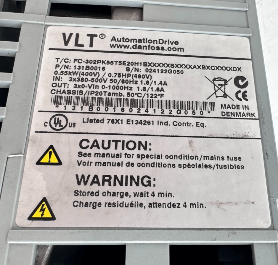 DANFOSS VLT FC - 302PK55T5E20H1BXXXXXSXXXXAXBXCXXXXDX 0.55kW (400V) - KLR Automation