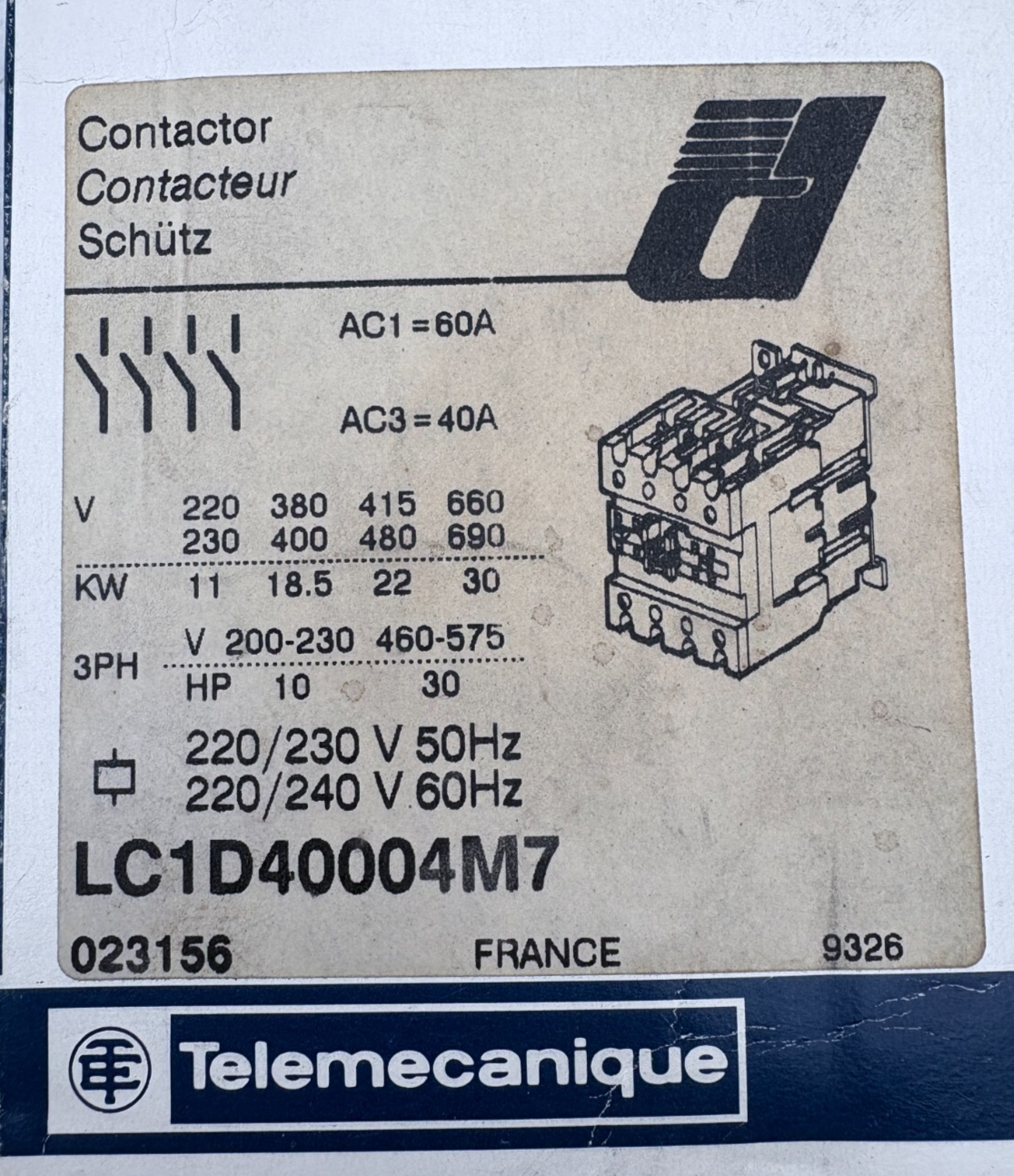 TELEMECANIQUE CONTACTEUR LC1 D40004M7 x1