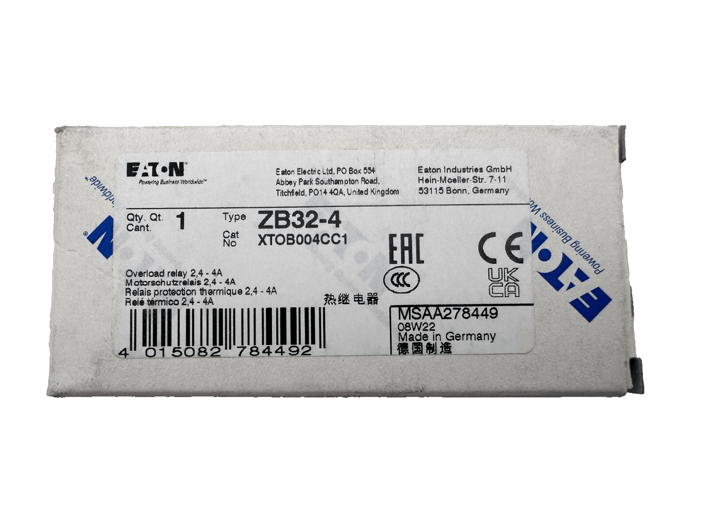 EATON MOELLER ZB32 - 0.6 + ZB32 - 4 + ZB32 - 1 OVERLOAD RELAY - KLR Automation