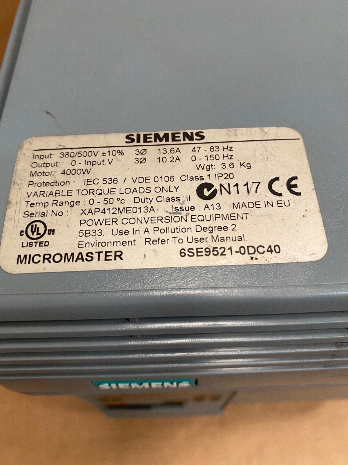 Siemens 6SE9521-0DC40 MICROMASTER 