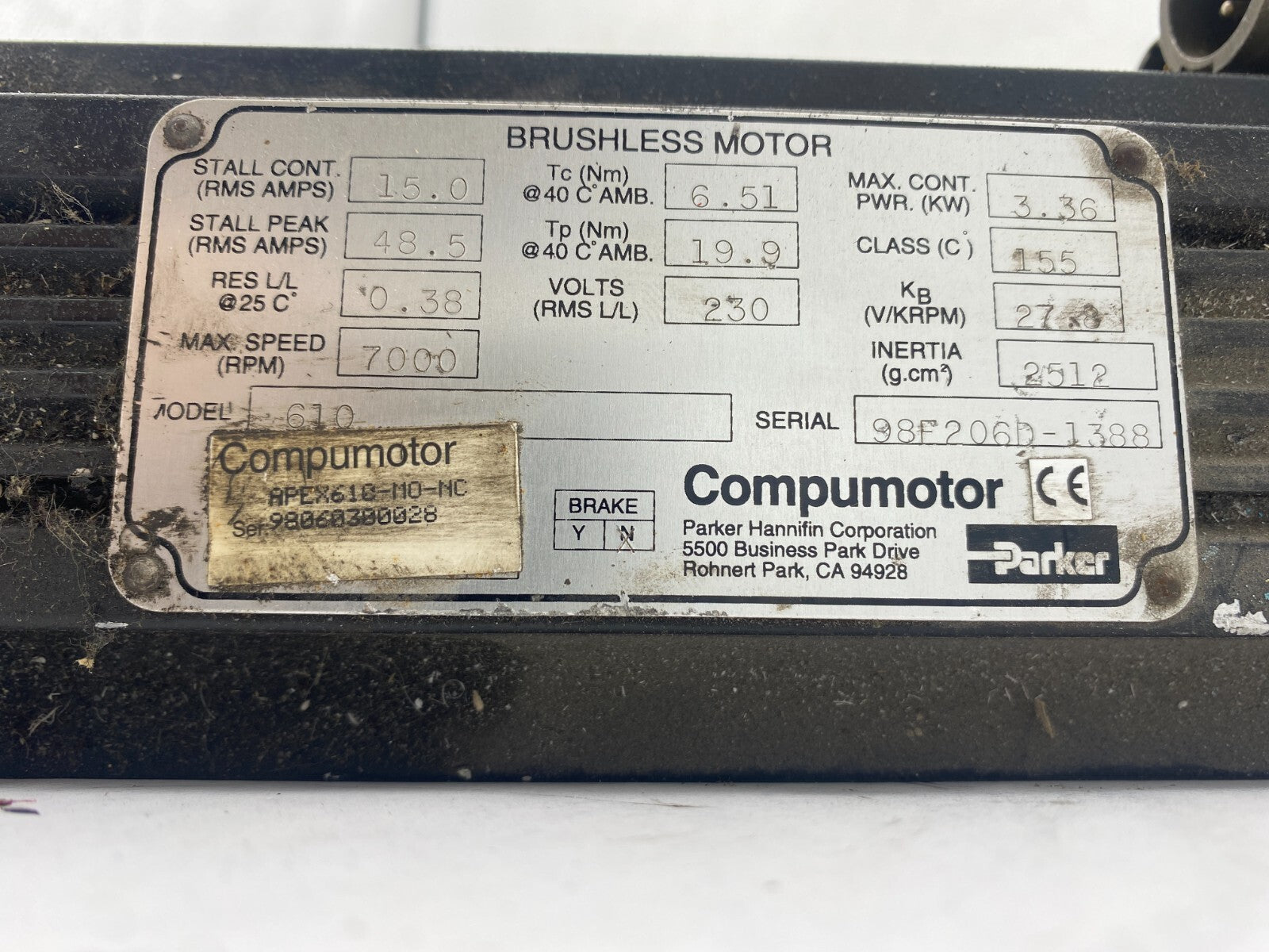 Parker 610 Compumotor Brushless Motor 7000rpm 230V 3.36 KW