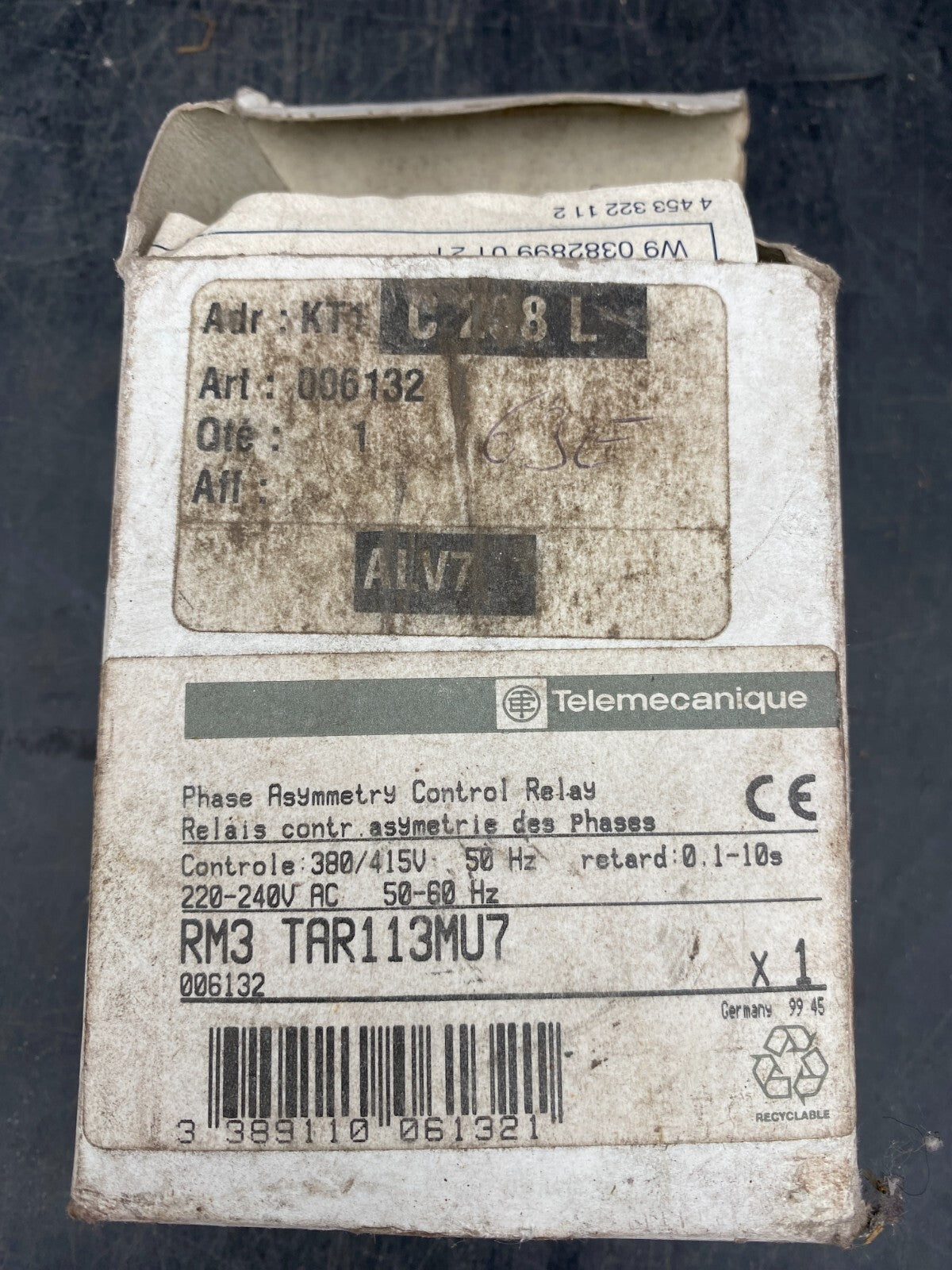 TELEMECANIQUE RM3TAR113MU7 006132 RELAIS DE CONTROLE ASYMETRIE DES PHASES