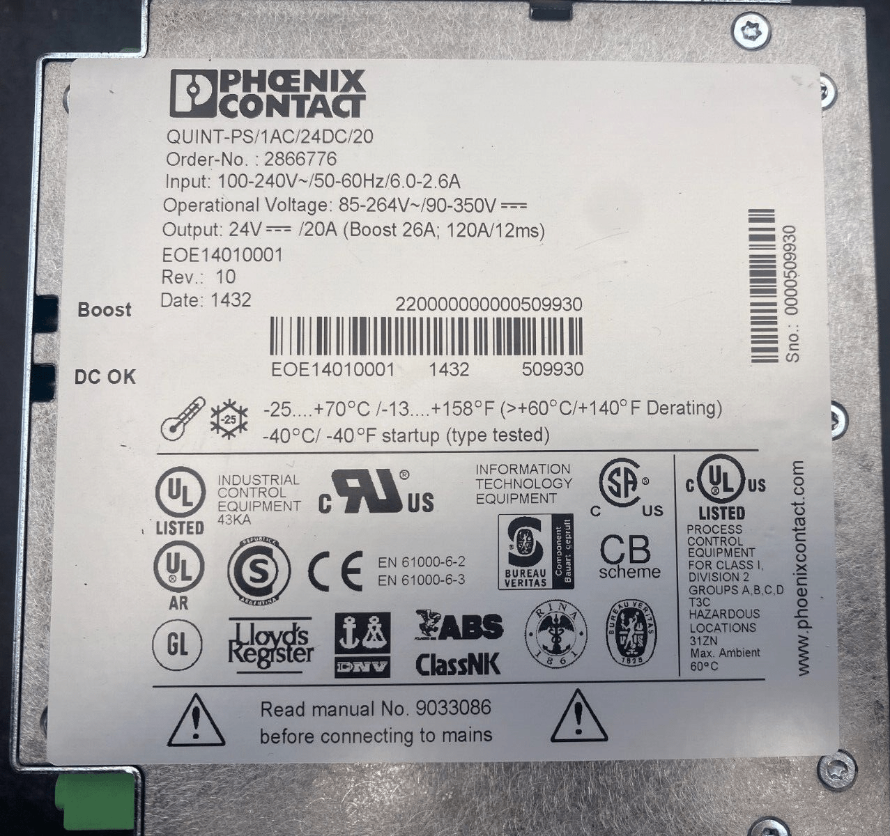 PHOENIX CONTACT QUINT - PS/1AC/24DC/20 2866776 QUINT POWER POWER SUPPLY x1pc - KLR Automation