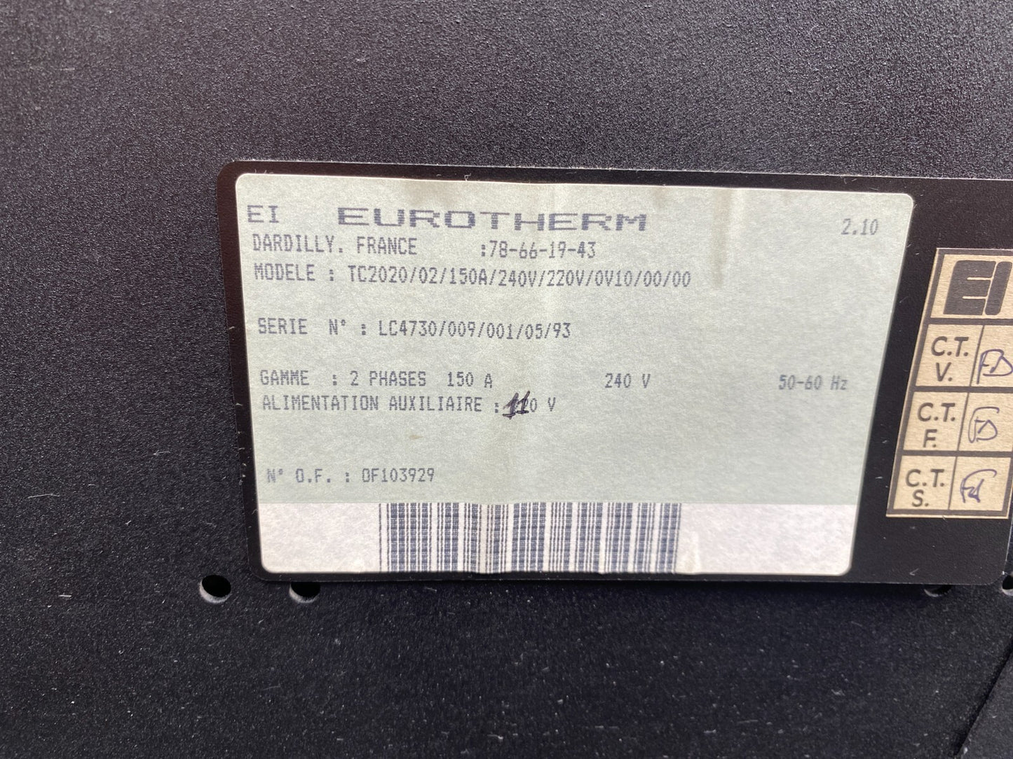 EUROTHERM TC2020/02/150A/240V/220V/0V10/00/00 POWER SUPPLY - KLR Automation