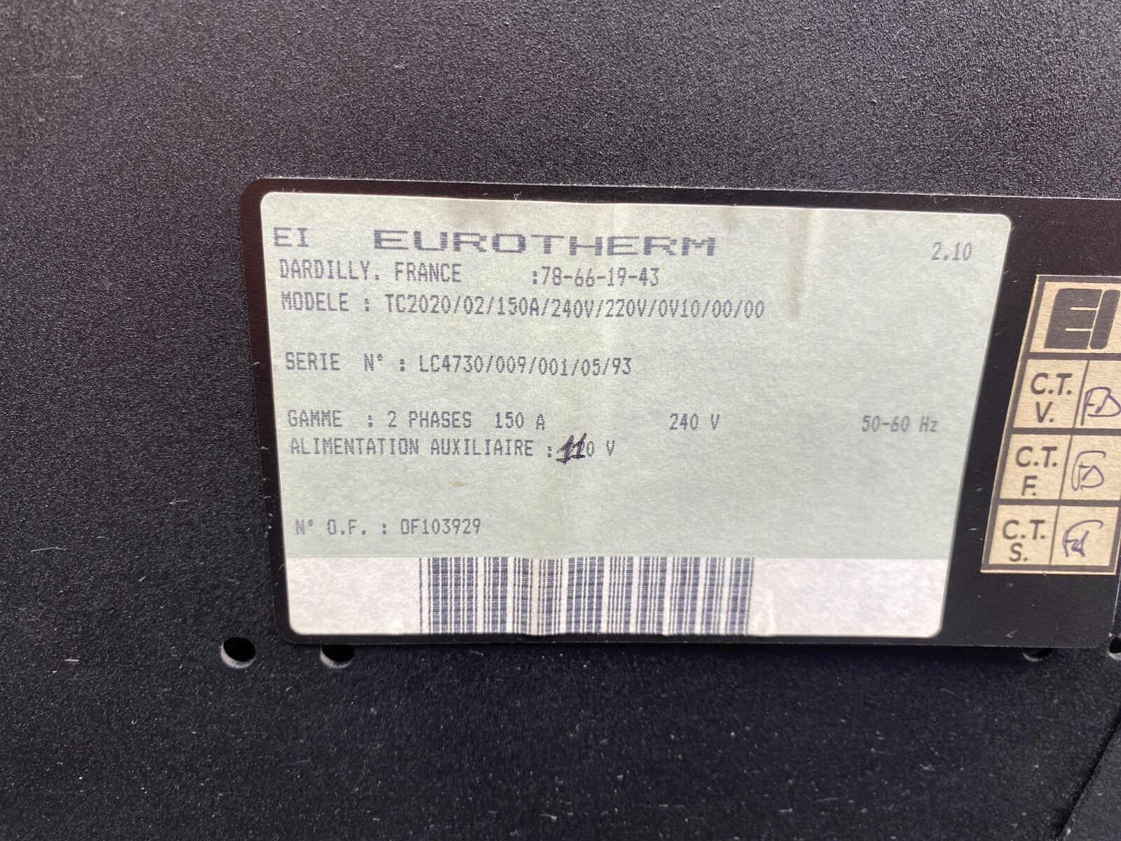 EUROTHERM TC2020/02/150A/240V/220V/0V10/00/00 POWER SUPPLY - KLR Automation