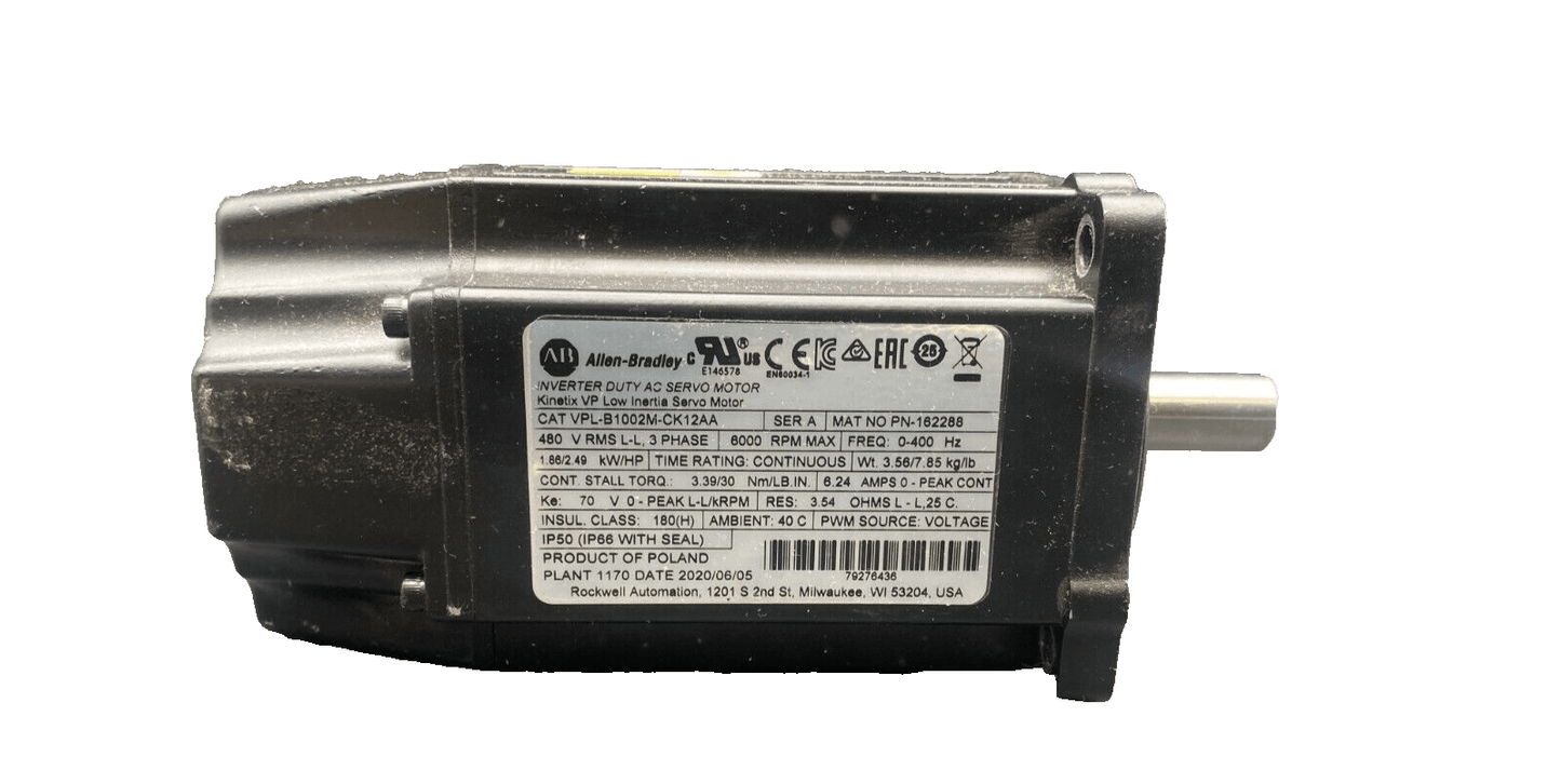 ALLEN BRADLEY VPL - B1002M - CK12AA SERIE A 3 PHASE 6000 RPM AC SERVO MOTOR KINETIX - KLR Automation