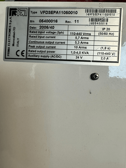 PRIMA ELECTRONICS LASER VFD3EPA11050010 VFD500 - KLR Automation