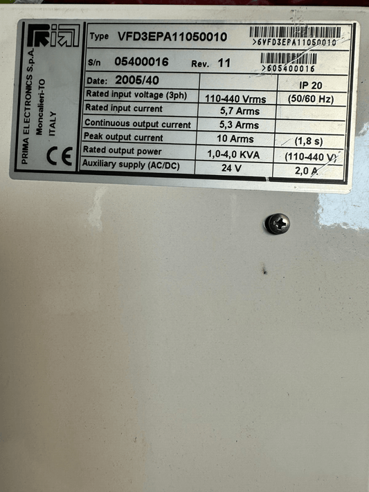 PRIMA ELECTRONICS LASER VFD3EPA11050010 VFD500 - KLR Automation