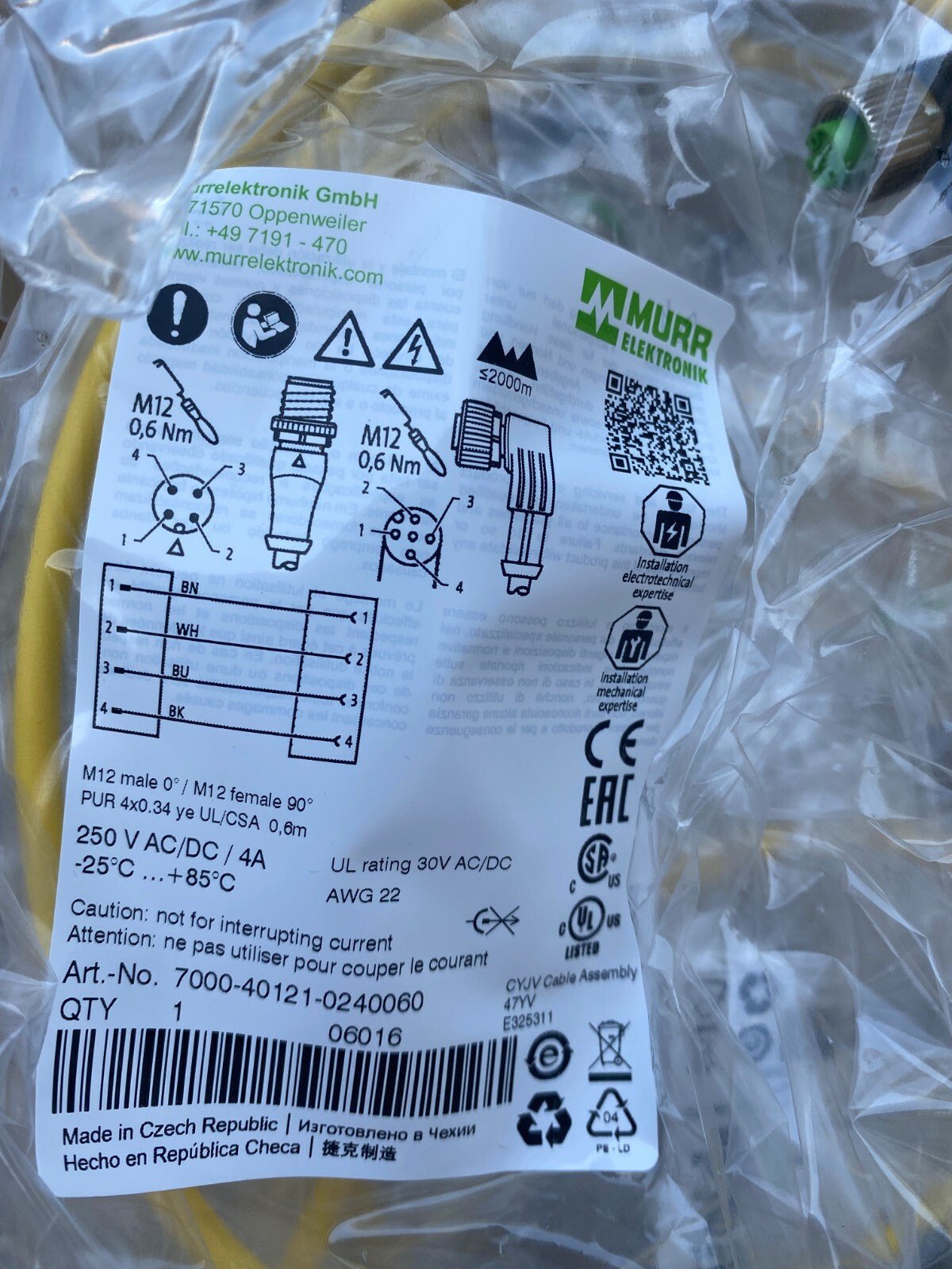 15pc x Cable MURR ELEKTRONIK 7000 - 40021 - 0240060 M12 - KLR Automation