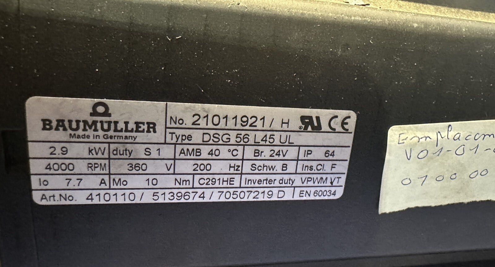 BAUMULLER DSG 56 L45 UL 21011921 2.9 kW 4000 RPM 360V + SPN 051940 U35 - KLR Automation