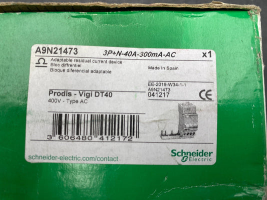 NEW SCHNEIDER ELECTRIC A9N21473 PRODIS VIGI DT40 3P+N - 40A - 300mA - AC ADAPTABLE RES - KLR Automation