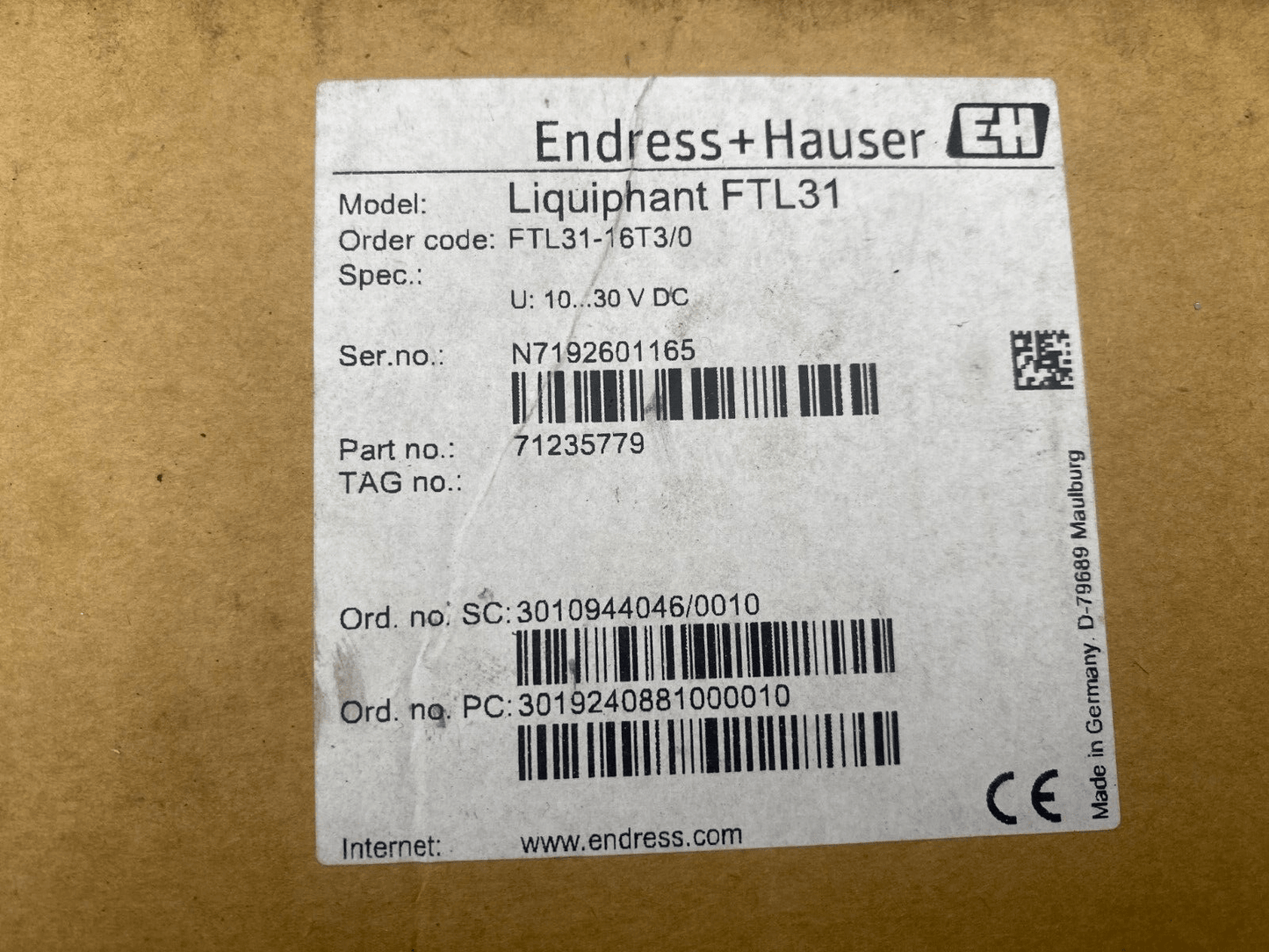 ENDRESS HAUSER LIQUIPHANT FTL31 FTL31 - 16T3/0 LEVEL SENSOR x1pc - KLR Automation