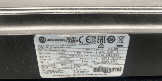 ALLEN BRADLEY VPL - B0633M - CK14AA SERIE A 3 PHASE 6700 RPM AC SERVO MOTOR KINETIX - KLR Automation