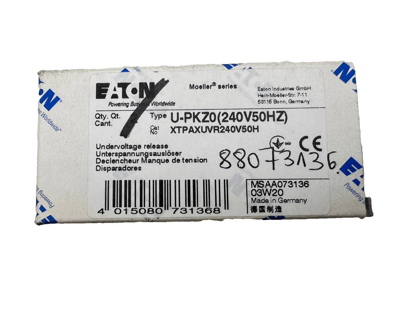 EATON MOELLER U - PKZ0 (240V50HZ) XTPAXUVR240V50H UNDERVOLTAGE RELEASE x2pc - KLR Automation