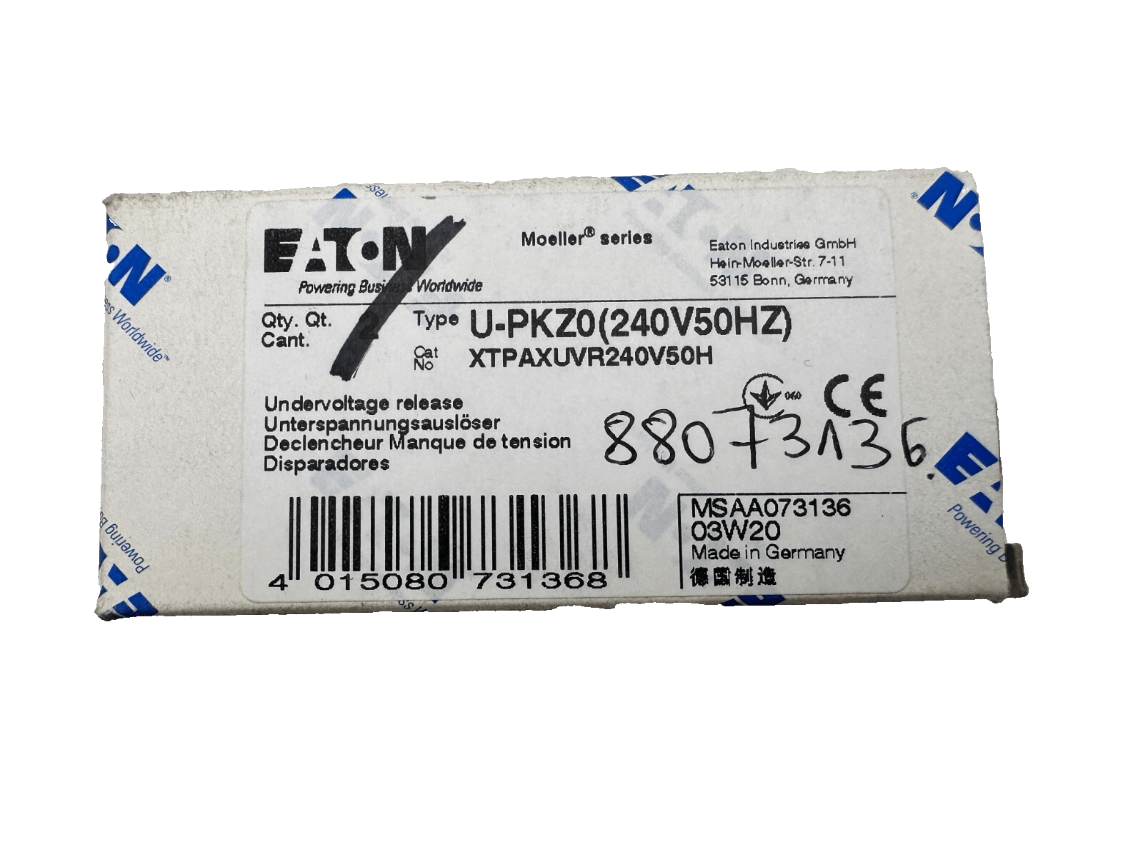 EATON MOELLER U - PKZ0 (240V50HZ) XTPAXUVR240V50H UNDERVOLTAGE RELEASE x2pc - KLR Automation