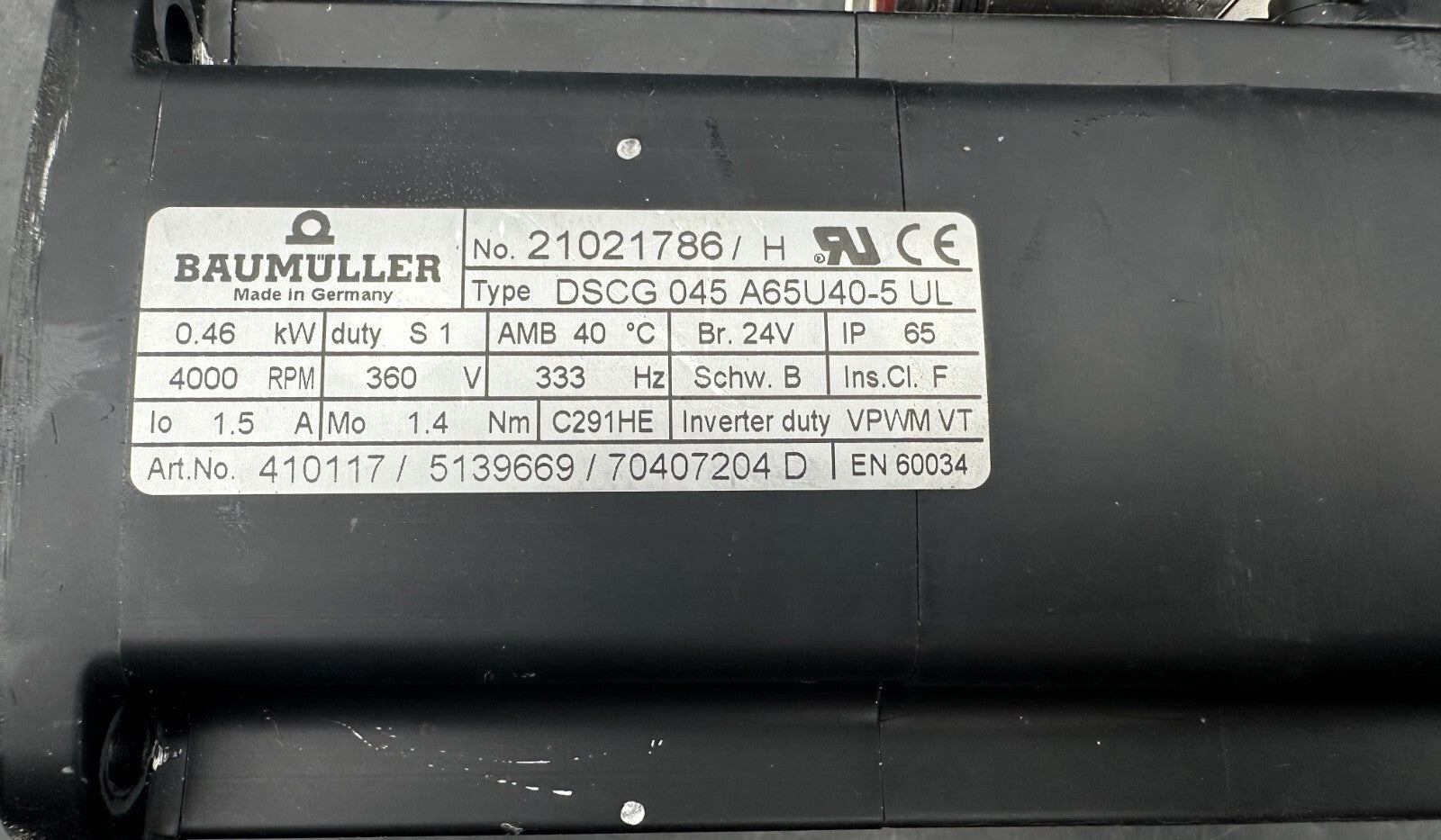 BAUMULLER DSCG 045 A65U40 - 5 UL 21021786 0.46kW 4000 RPM 360V 1.4 Nm SERVO MOTOR - KLR Automation