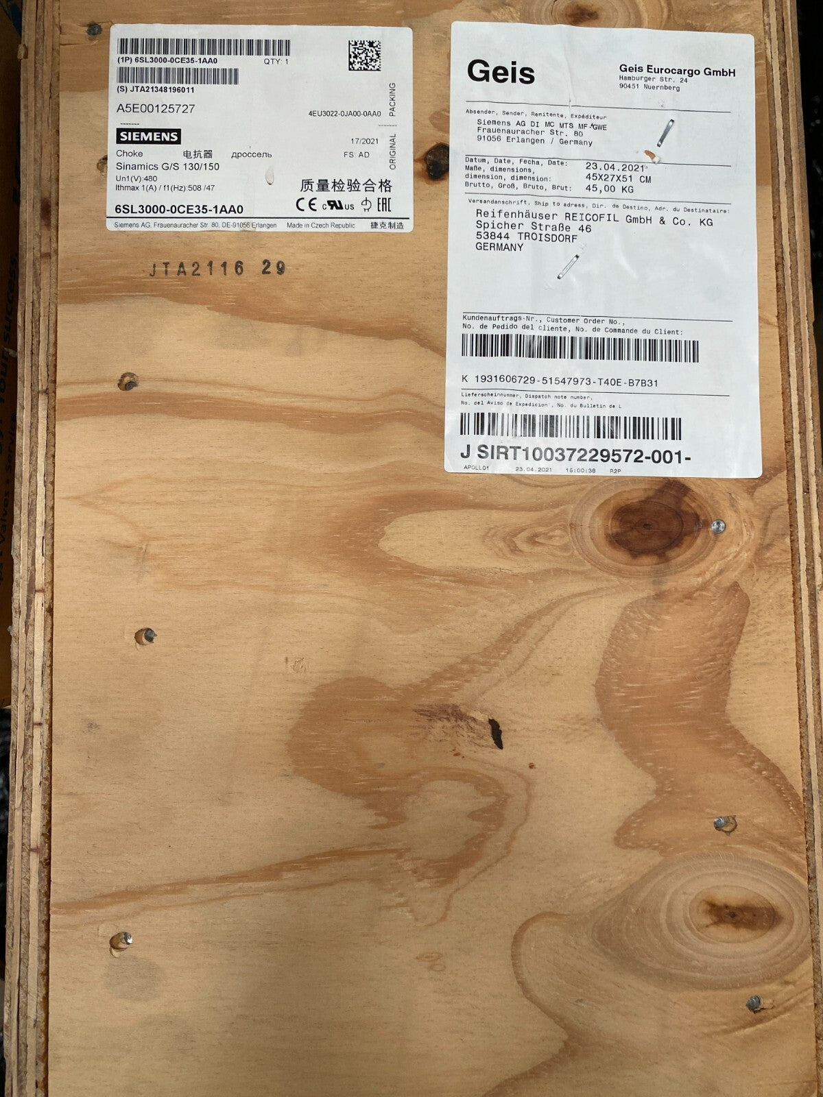SIEMENS 6SL3000-0CE35-1AA0 3AC LINE REACTOR SINAMICS G/S 130/150 NEW IN BOX